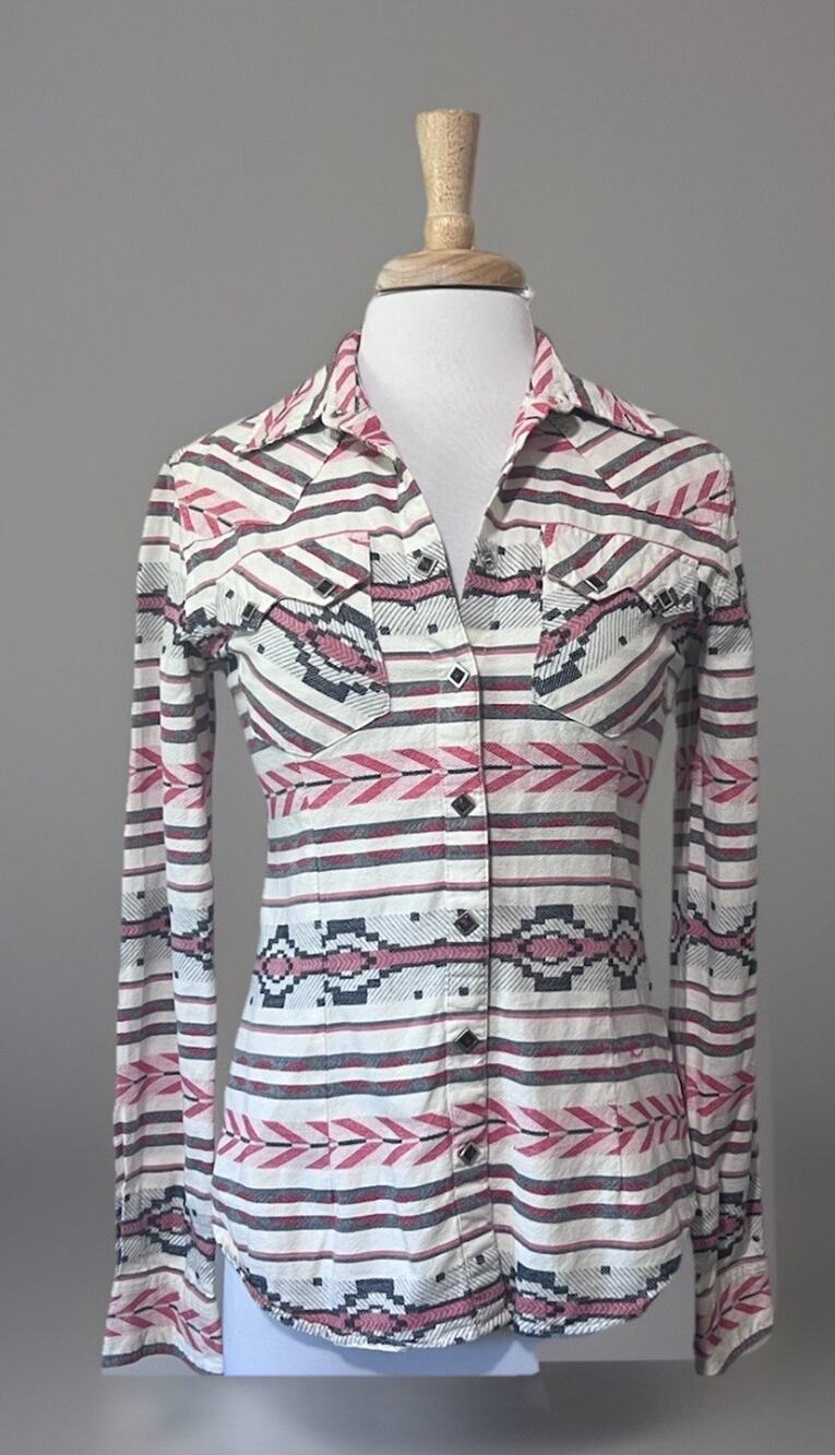 RESISTOL Women's Small Red White Blue Western Diamond Snap Shirt Long Sleeve